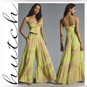 Hutch for Anthropologie Bow Front Wide Leg Jumpsuit tan/lime green sz 6